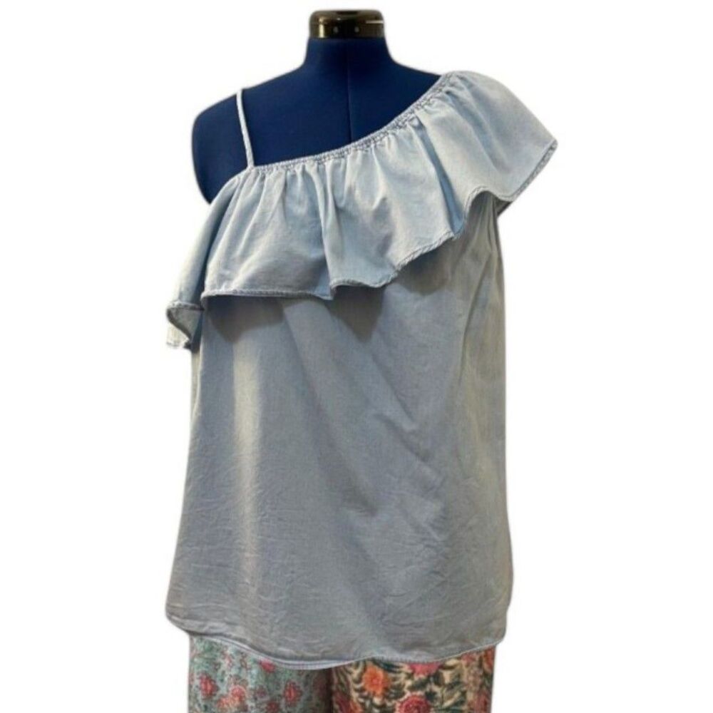 LANE BRYANT Blue Chambray One Shoulder Ruffle Top, Size 22/24